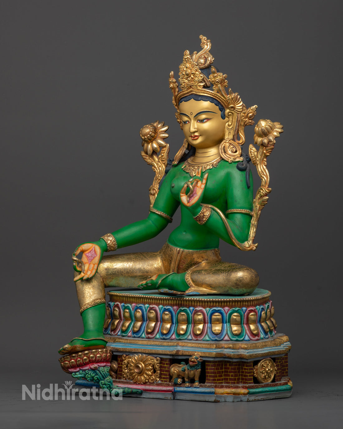 Beautifully Handcrafted Green Hue Green Tara Statue with Golden Face