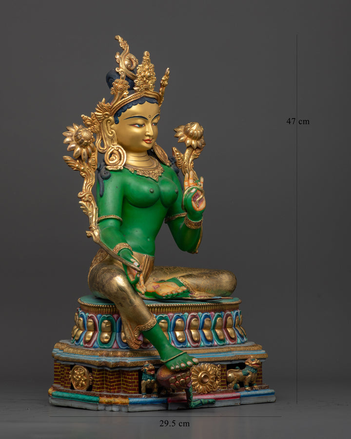 Beautifully Handcrafted Green Hue Green Tara Statue with Golden Face