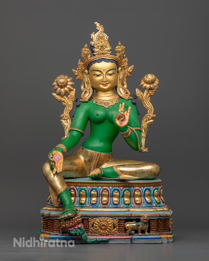 Beautifully Handcrafted Green Hue Green Tara Statue with Golden Face