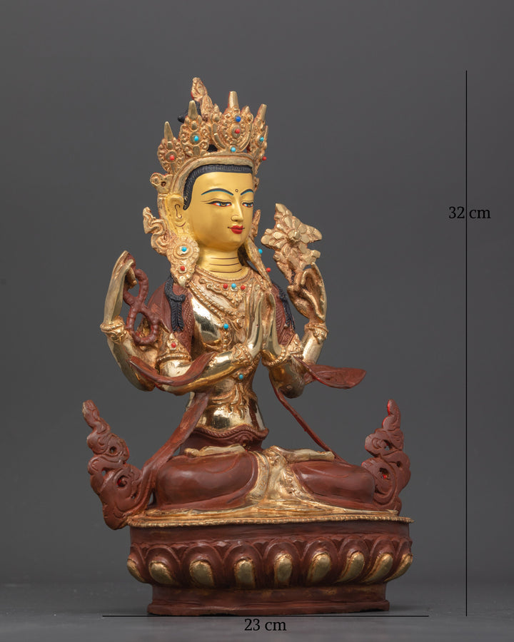 Four-Armed Chenrezig Statue | 24K Gold Gilded and Oxidized Copper