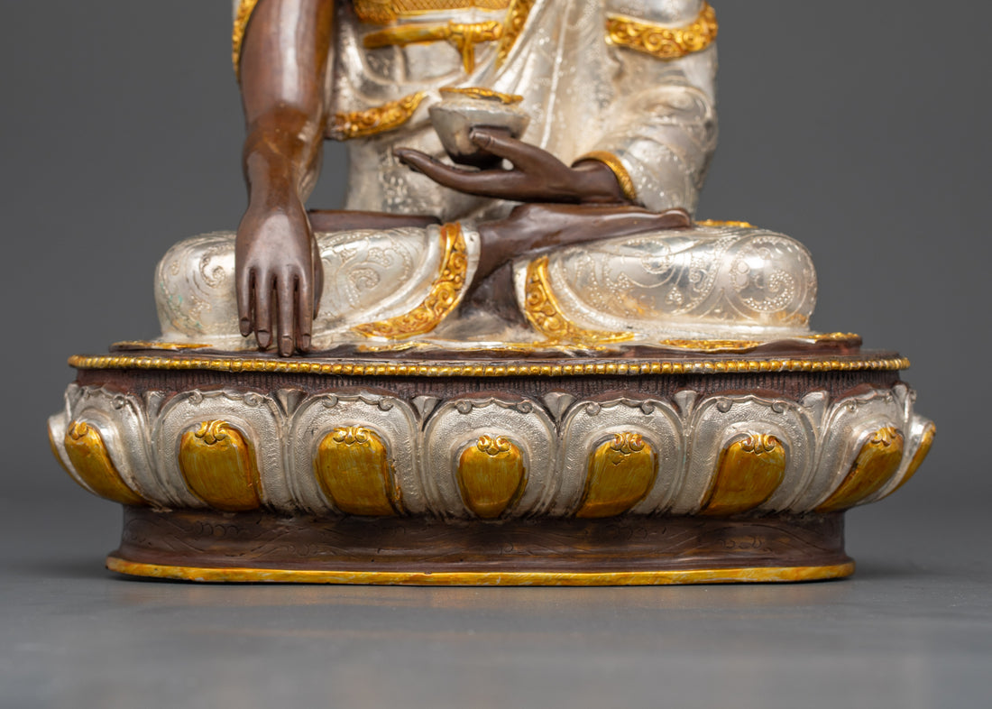 Buddha Sakyamuni Statue - Silver Plated Body, Gold Face, Handcrafted