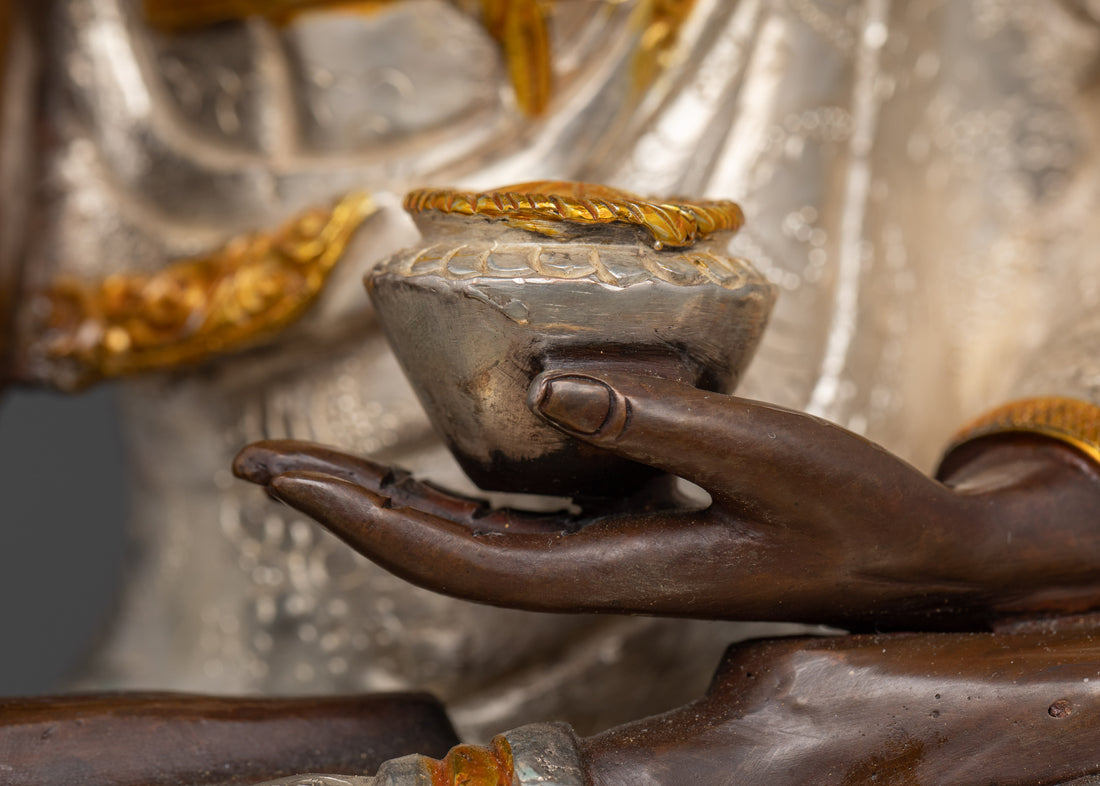 Buddha Sakyamuni Statue - Silver Plated Body, Gold Face, Handcrafted