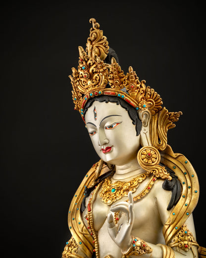 Upper body of Dukar goddess statue with gold ornaments and gemstone necklace from Nepal