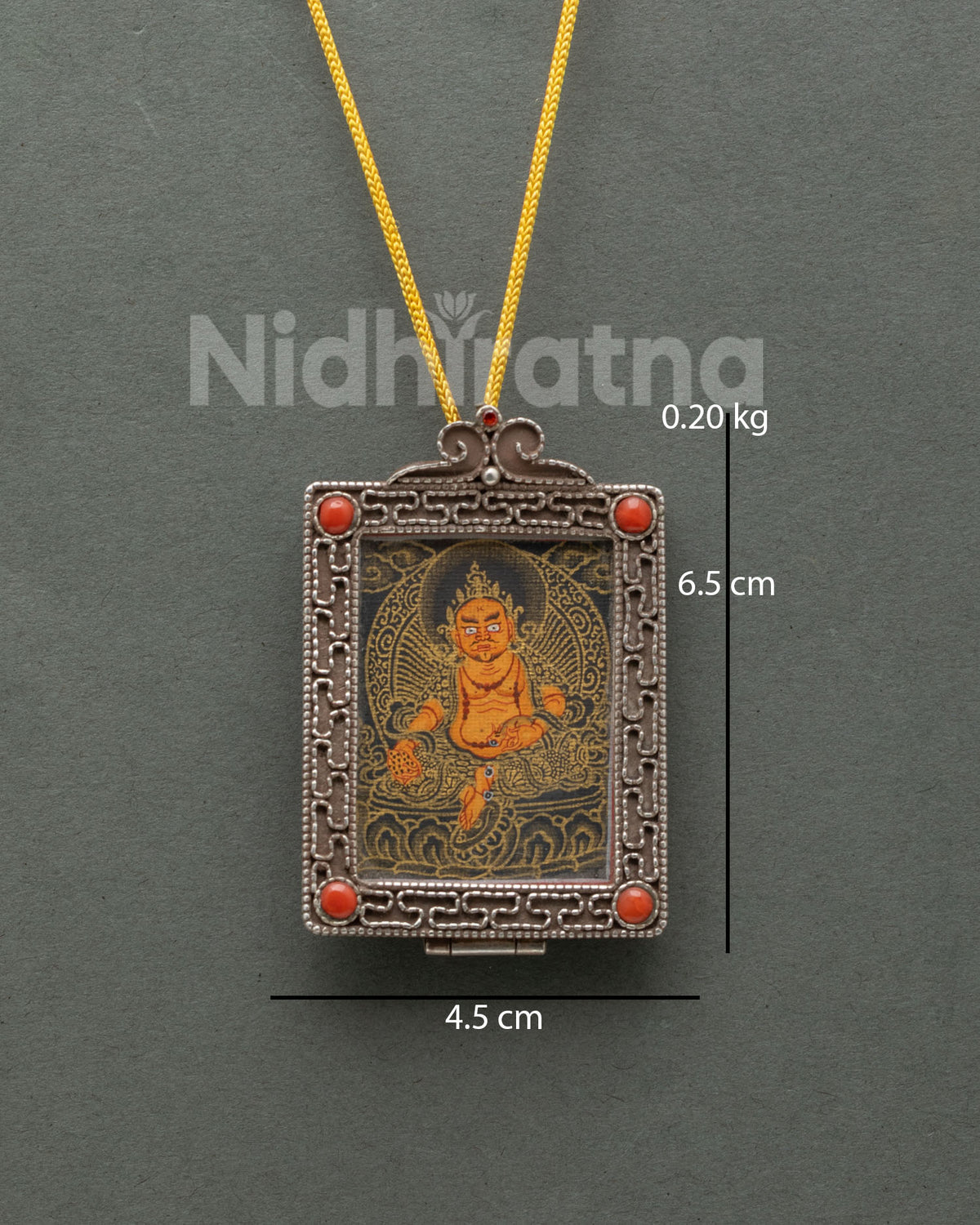 Pure silver Yellow Dzambhala Ghau locket with hand-painted mini thangka