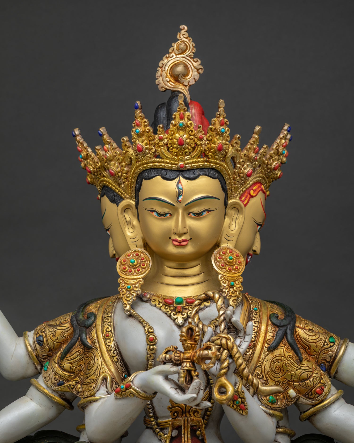 ushnishavijaya statue close up lotus throne gold gilding hand carved copper detail