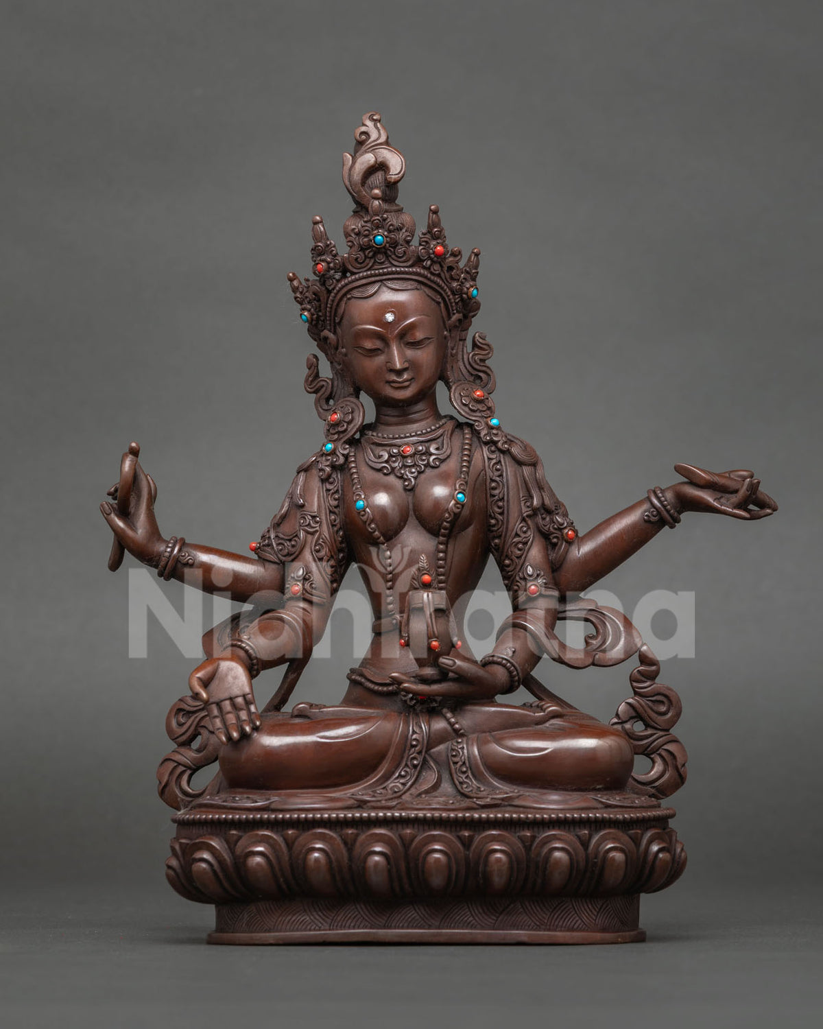 Usnisavijaya Tara statue, four-armed long life deity in oxidized copper, Surya Gupta 21 Tara set