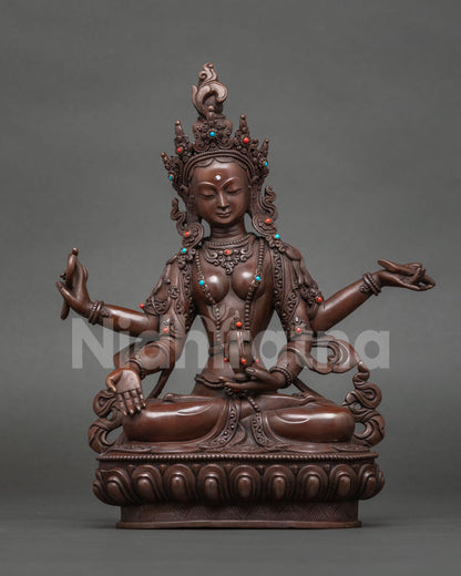 Usnisavijaya Tara statue, four-armed long life deity in oxidized copper, Surya Gupta 21 Tara set