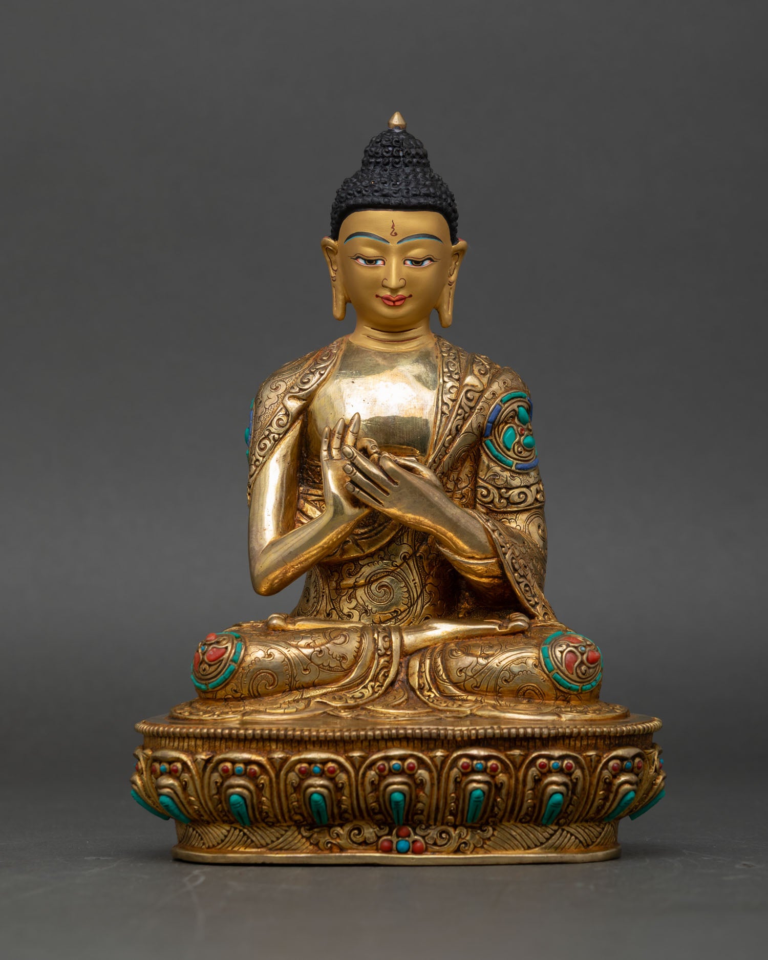 Vairocana Buddha dharmachakra mudra turning wheel of dharma, copper statue gold face lotus pedestal nepal