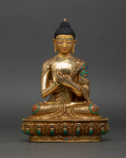 Vairocana Buddha dharmachakra mudra turning wheel of dharma, copper statue gold face lotus pedestal nepal
