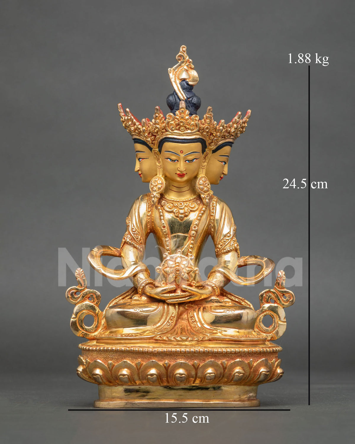 Vairocana Buddha Statue copper gold fire gilded four faces lotus pedestal.