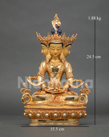 Vairocana Buddha Statue copper gold fire gilded four faces lotus pedestal.