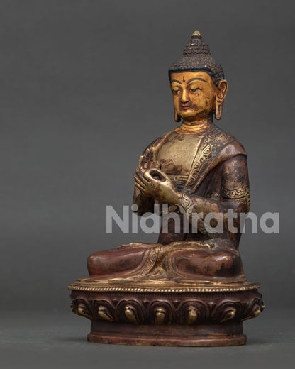 Vairocana Buddha Statue Detail Showing Handcarved Monk’s Robe and Dharmachakra Mudra.