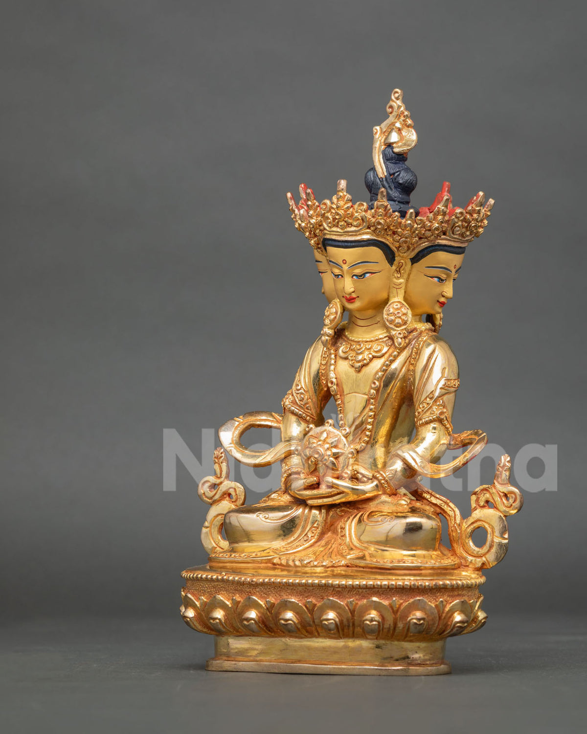 Vairocana Buddha Statue Dharma Wheel hand gesture gold fire gilded copper.