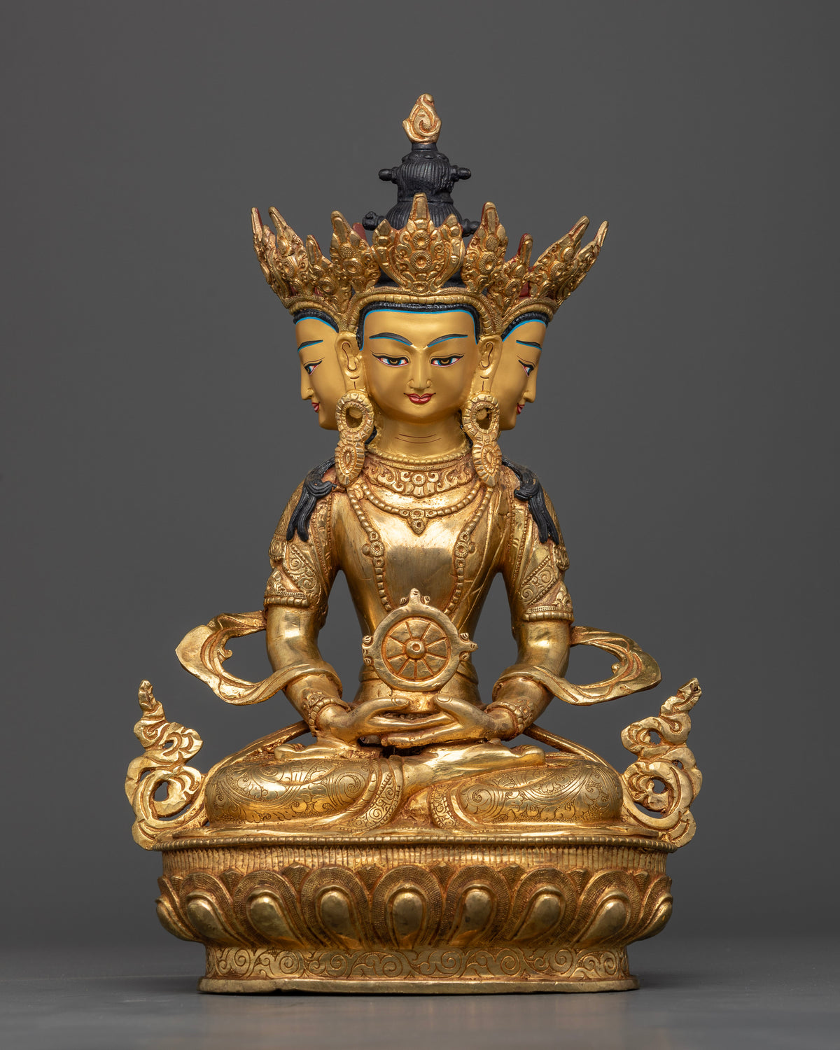 Vairocana Buddha Statue with four gold-painted faces and 24K gold fire-gilded copper, handcrafted in Nepal