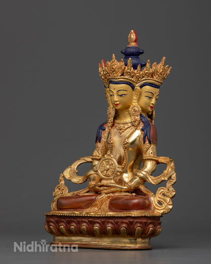Vairocana Buddha Statue seated on hand carved lotus pedestal in Dharma Wheel gesture.