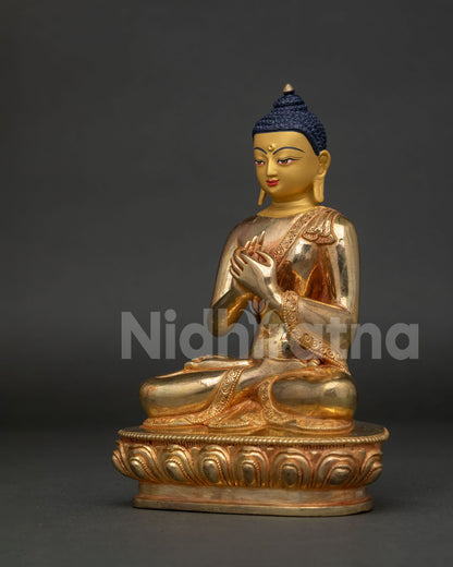 Vairocana Buddha Statue Side View with Lotus Pedestal and Hand Carved Monk Robe.