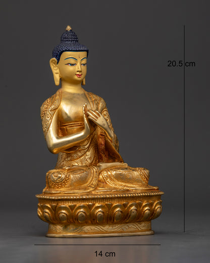 Vairocana buddha statue with dharmachakra mudra on hand carved lotus.
