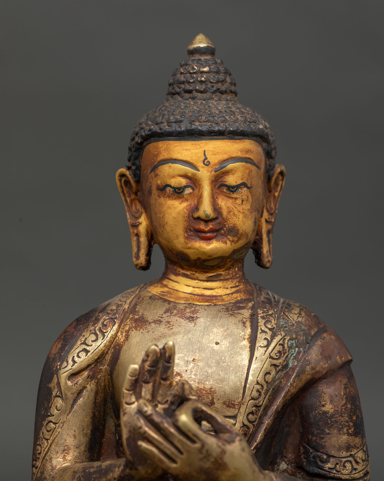 Vairocana Buddha Statue with Gold Fire Gilded Copper Antique Finish.