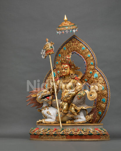 Vaishravana statue seated on a white snow lion with victory banner, side view, Nepal