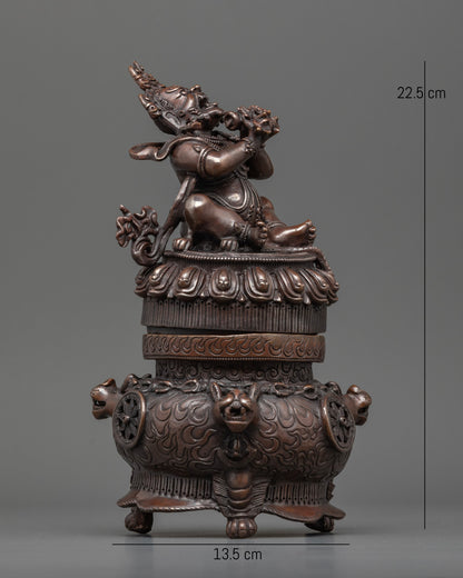 Vajradaka incense burner statue with intricate carved base lion heads and Dharma Wheel medallions