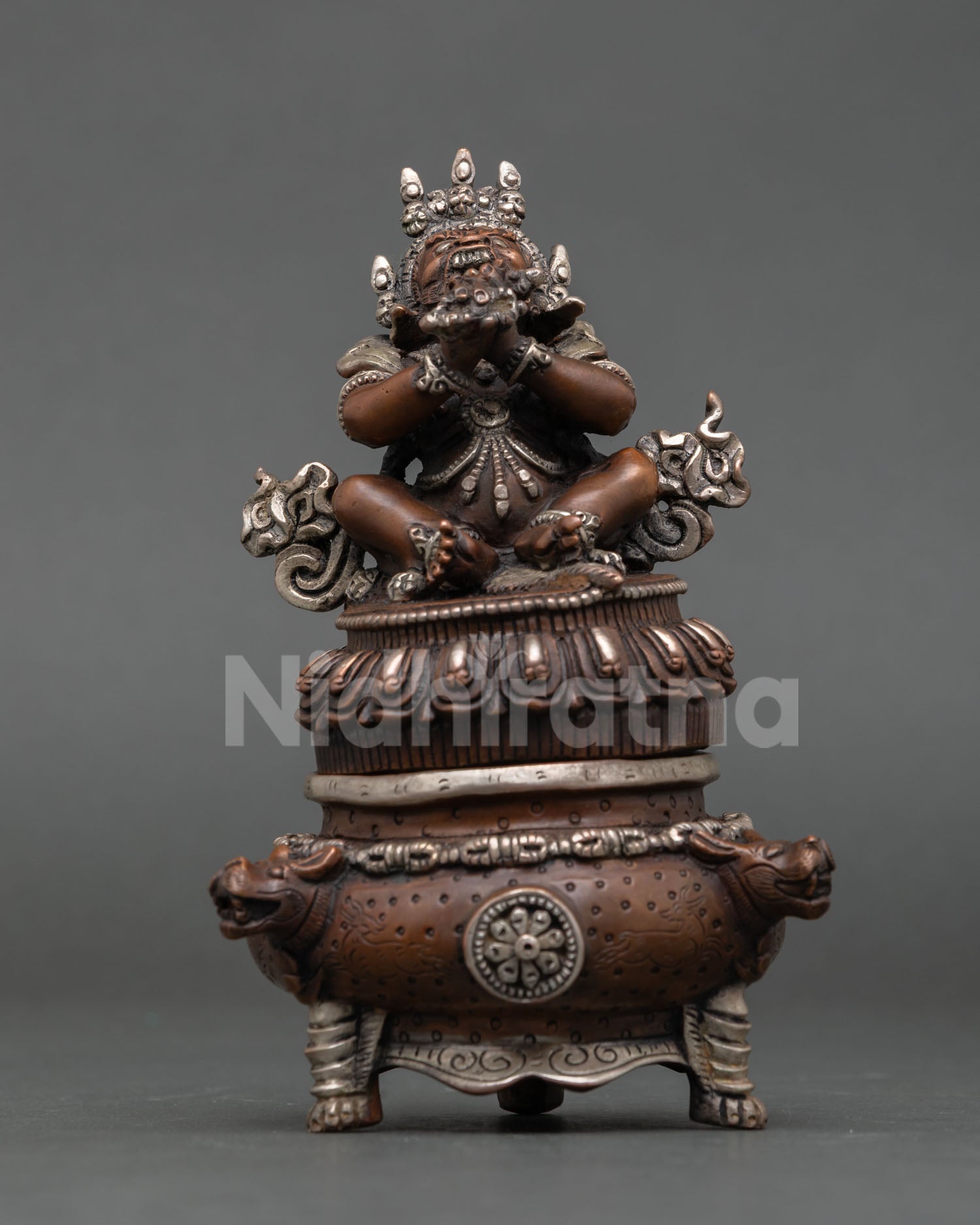 vajradaka statue front view with oxidized copper and silver plated details