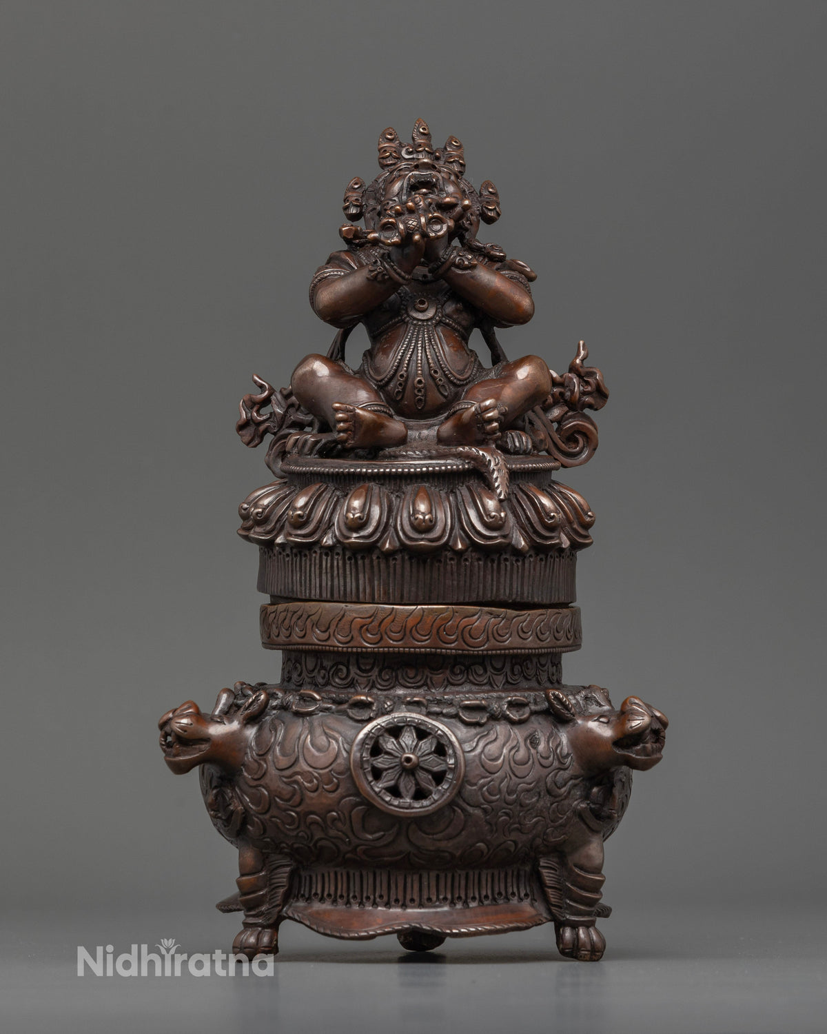 Vajradaka statue handcrafted from copper with chemically oxidized finish and traditional Nepalese metalwork