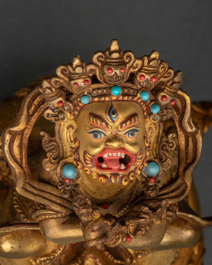Vajradhaka Statue Close Up Gold Painted Face and Semi Precious Stone Details.