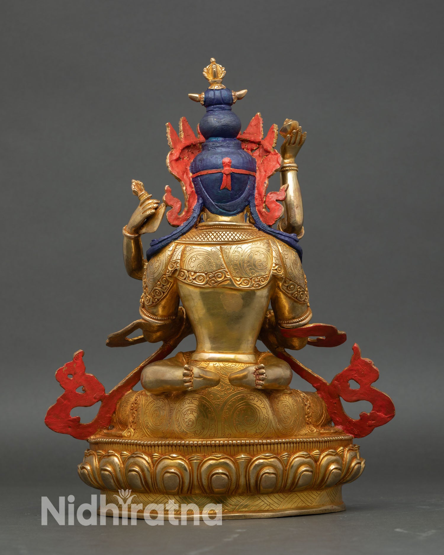 Vajradhara and consort statue back view ornate details premium copper tibetan vajrayana sacred art