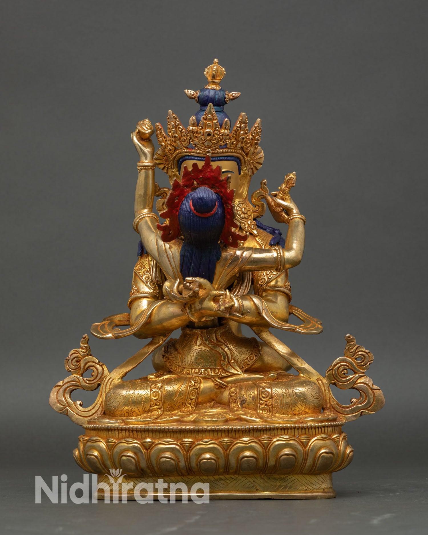 Vajradhara and consort statue copper gold detail front view lost wax nepal handcrafted buddhist art