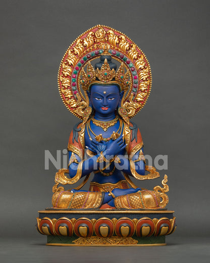 Vajradhara Buddha Statue front view with blue body and gold gilded details