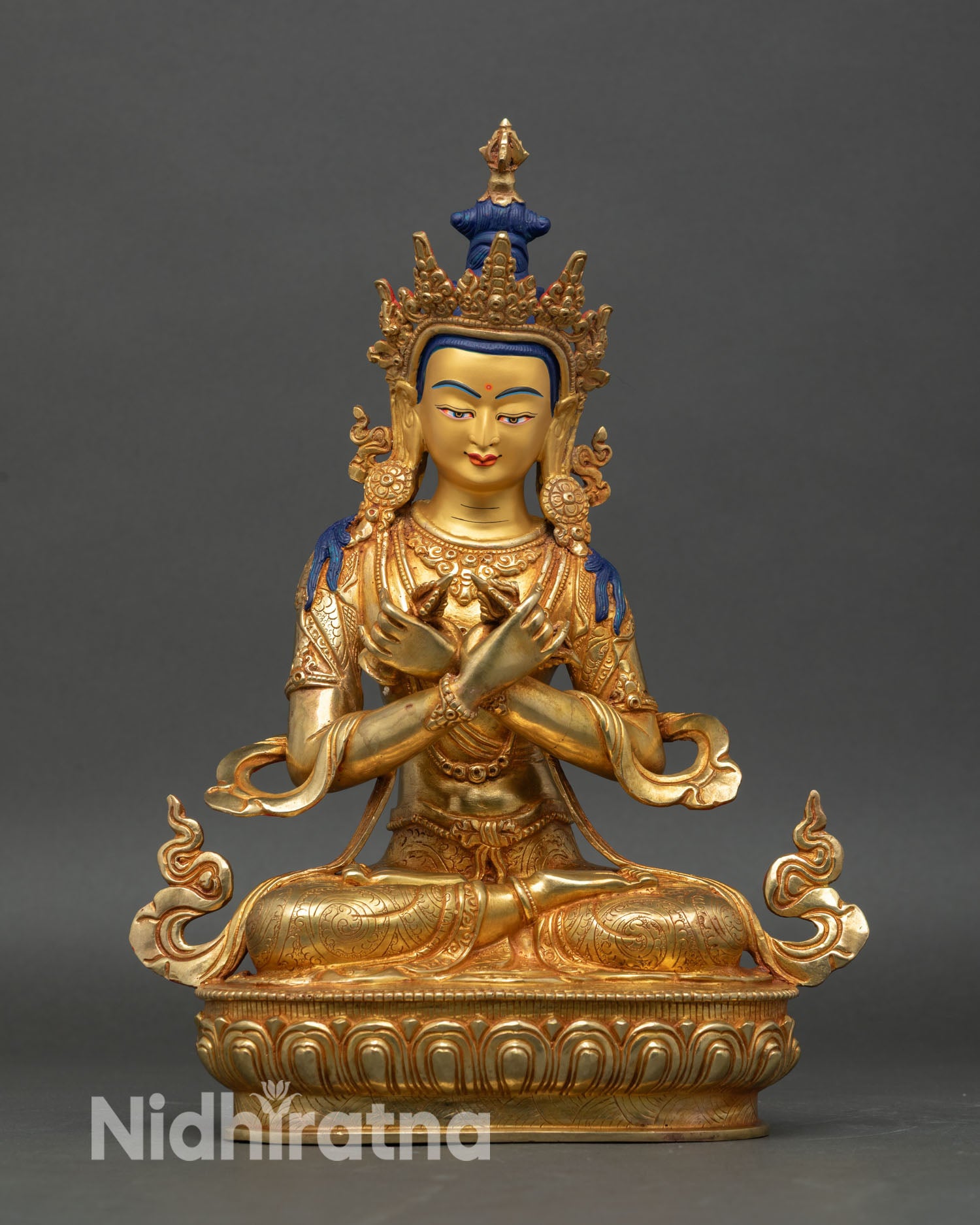 Vajradhara statue 24k gold gilded copper front view arms crossed vajra bell lost wax nepal buddhist art