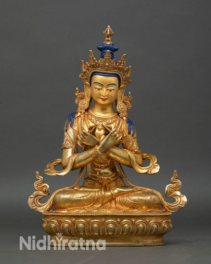 Vajradhara statue 24k gold gilded copper front view arms crossed vajra bell lost wax nepal buddhist art