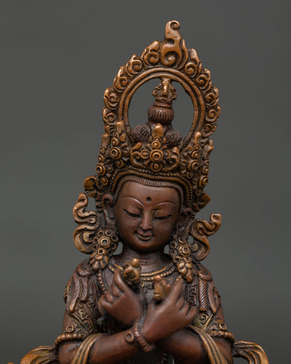 Vajradhara statue close up handcrafted oxidized copper Buddhist sculpture.