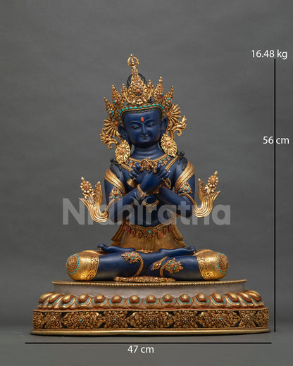Vajradhara statue front view, gold gilded copper Primordial Buddha, handcrafted Nepali statue