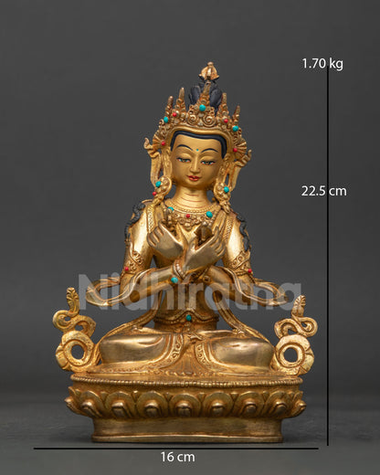 Vajradhara statue gold fire gilded copper seated on lotus pedestal from patan nepal.