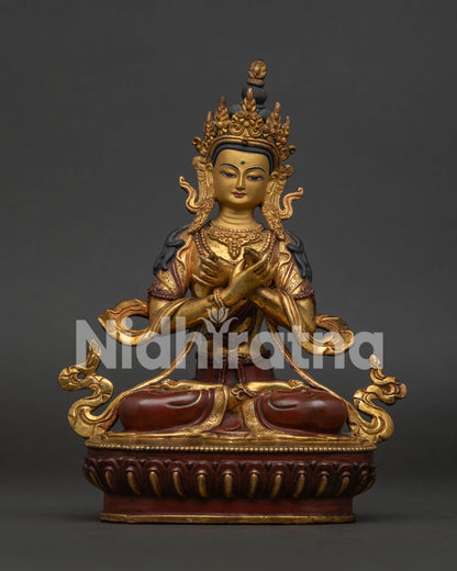 Vajradhara Statue Handcrafted in Nepal with Gold Gilded and Oxidized Finish.