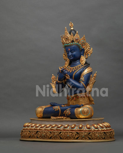 Vajradhara statue left side view, hand painted blue Buddha, Newari sculpture