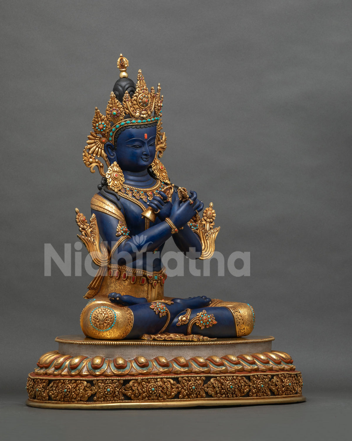 Vajradhara statue right side view, handcrafted copper Buddha, Nepali art