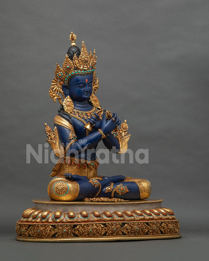 Vajradhara statue right side view, handcrafted copper Buddha, Nepali art