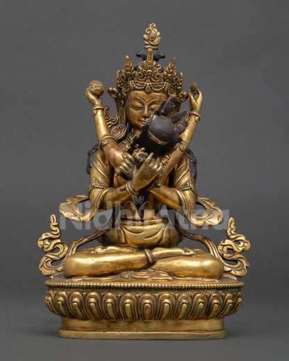 Vajradhara Yab-Yum Statue front view with 24K gold gilding and antique Himalayan finish