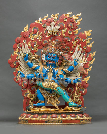 Vajrakilaya Dorje Phurba statue with consort, blazing red flame halo and gilded lotus pedestal