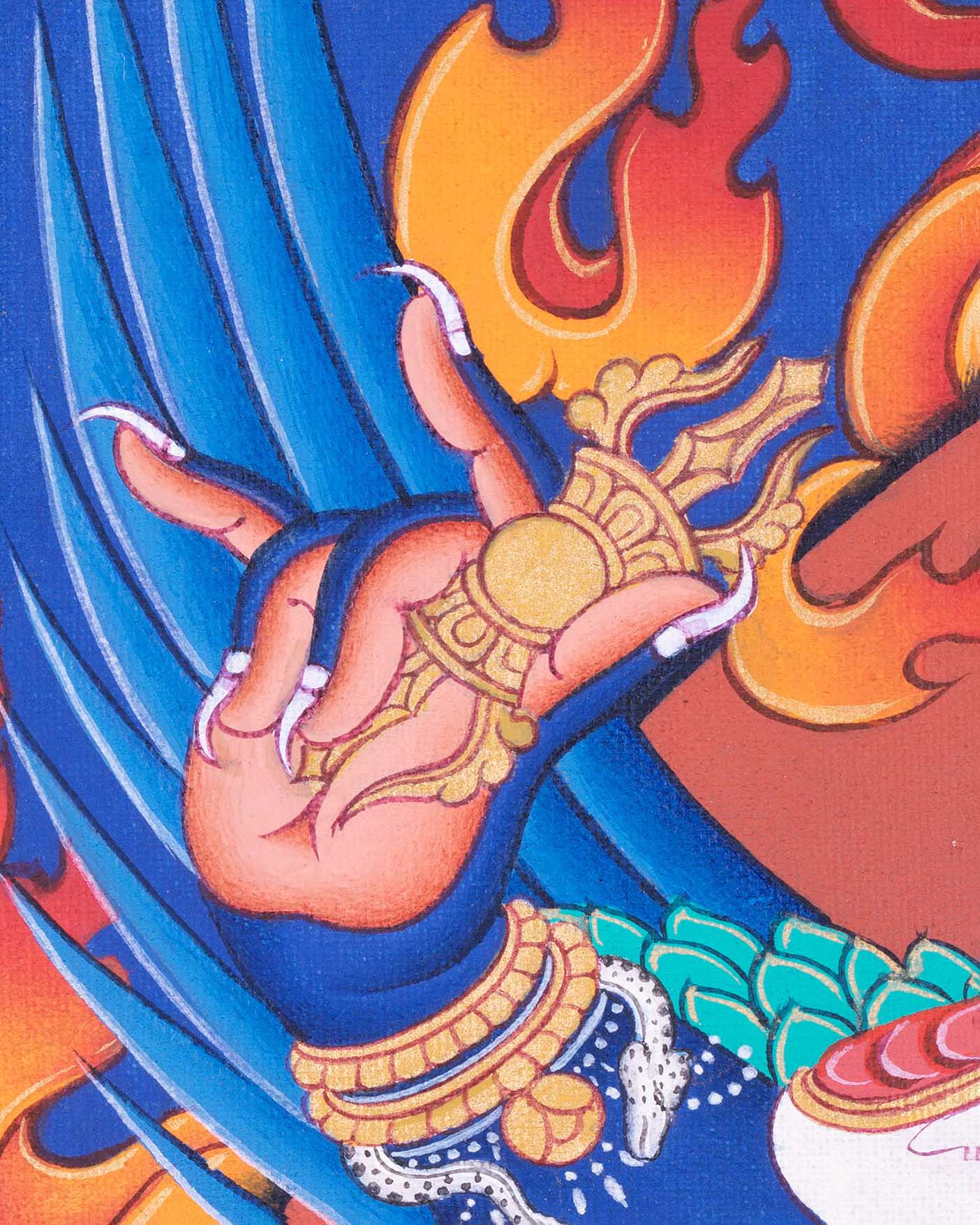 Vajrakilaya print detail, vajra holding hand and wing emerging from flaming halo