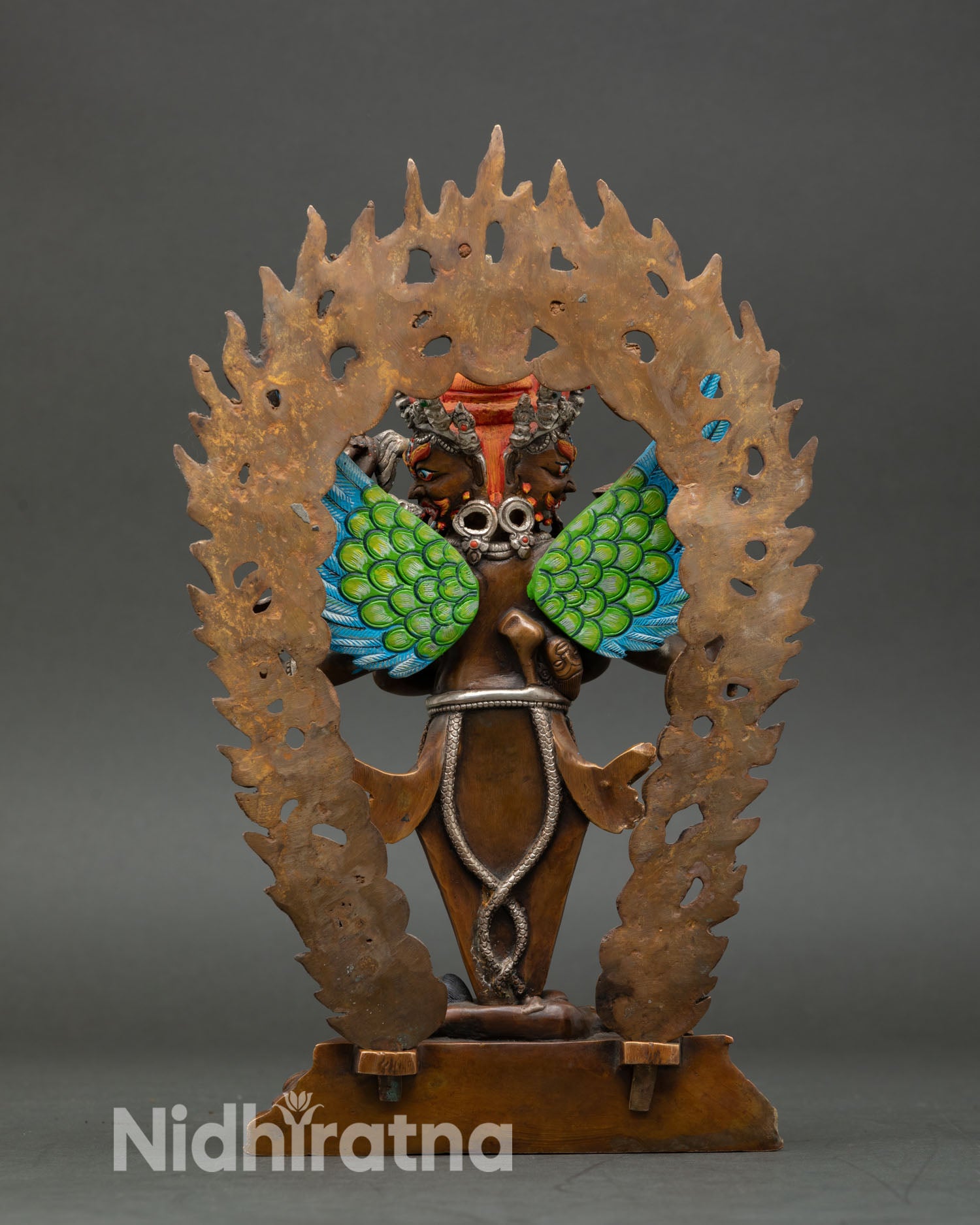 Vajrakilaya statue back view intricate carving oxidized copper silver accents Newari handmade ritual statue