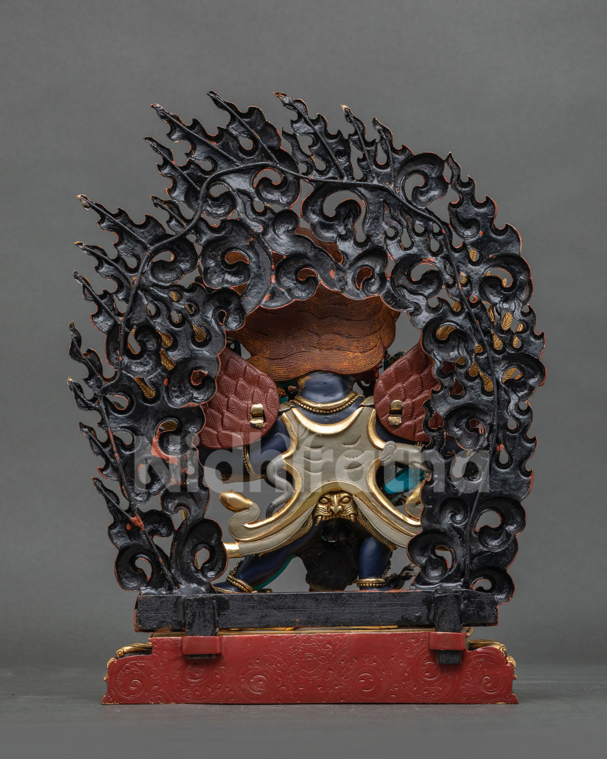 Vajrakilaya Statue back view intricate wings blazing halo copper Newari art.