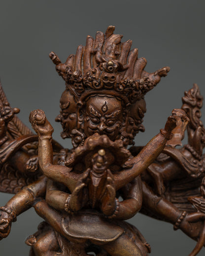 Close-up view of a Vajrakilaya statue highlighting the wrathful facial expression, detailed ornaments, and fine Newari craftsmanship.