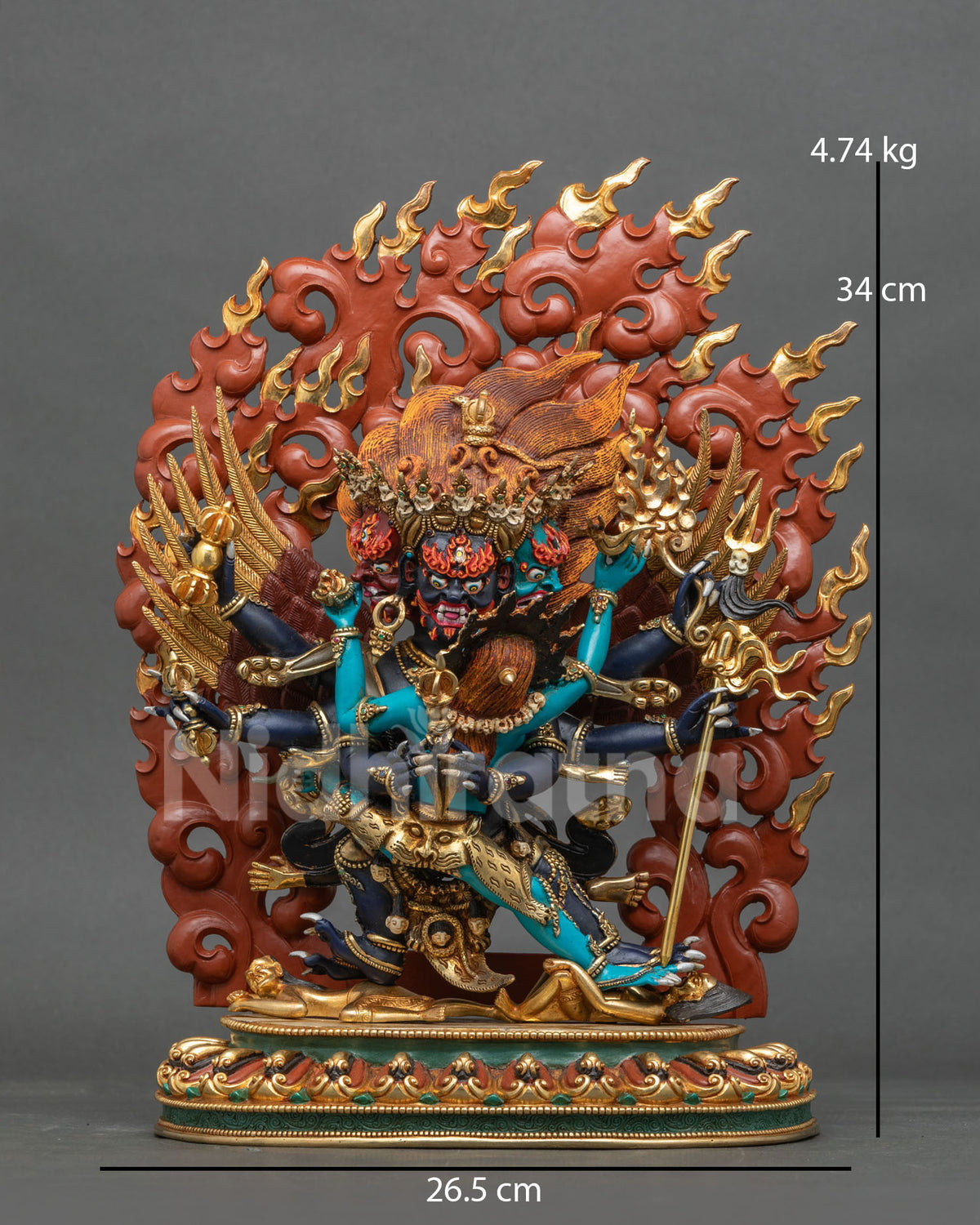 Vajrakilaya Statue copper acrylic paint semi precious stones three headed deity.
