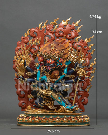 Vajrakilaya Statue copper acrylic paint semi precious stones three headed deity.