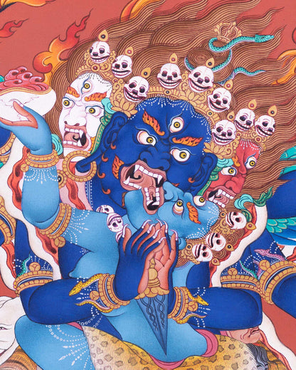 Vajrakilaya Thangka print detail, three wrathful faces with third eye and skull crown