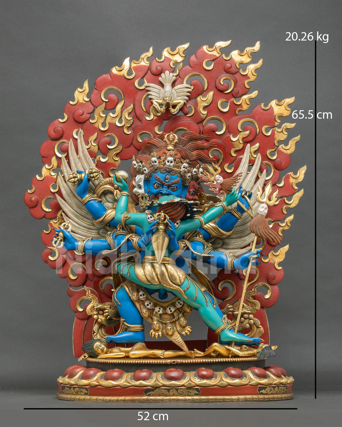 Vajrakilaya Yab-Yum statue front view, 65.5 cm tall, 20.26 kg, gold gilded copper from Nepal