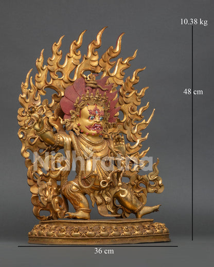 Vajrapani Buddhist sculpture with gold painted face holding vajra and lasso in powerful protector stance
